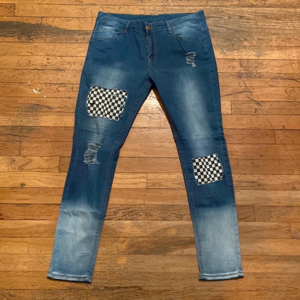 SHEIN Blue Skinny Jeans with Checkered Patches